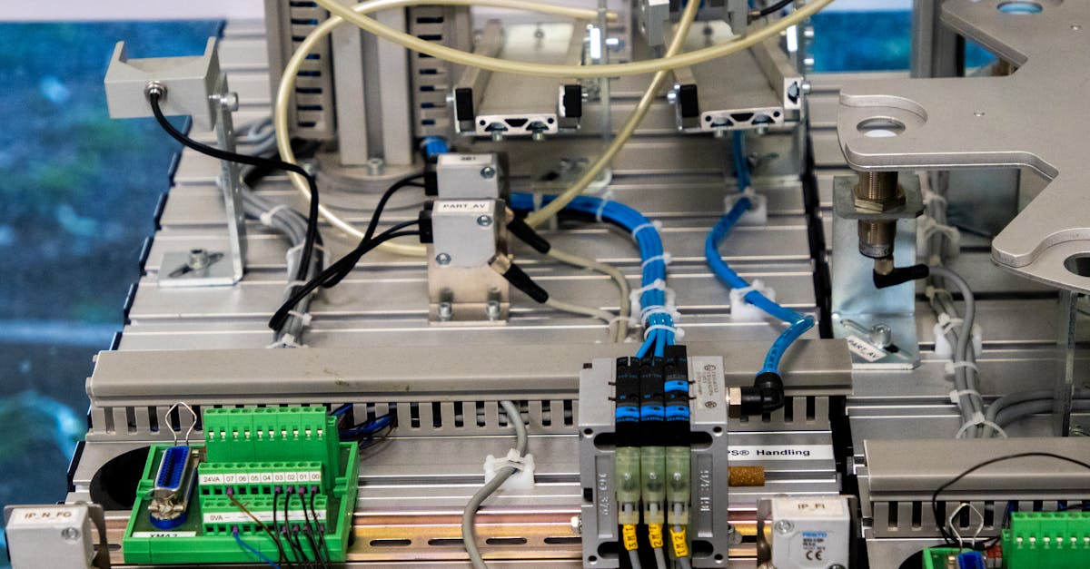 close up of industrial equipment showcasing electronic wiring and sensors in a manufacturing setup