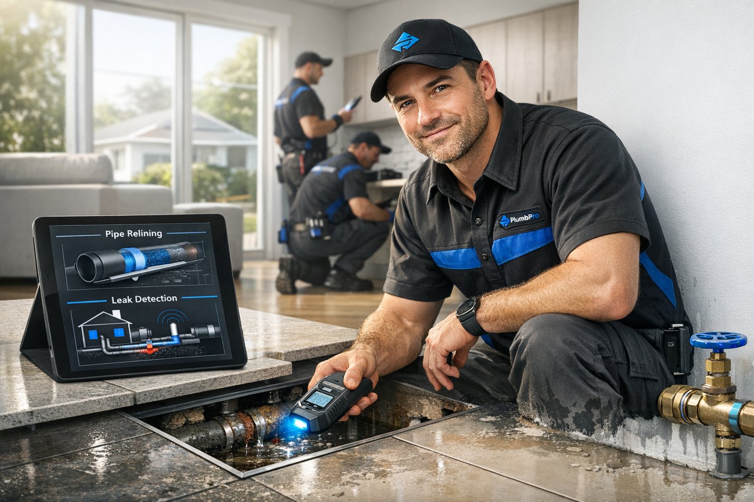 professional plumber inspecting burst pipe repair in modern brisbane home