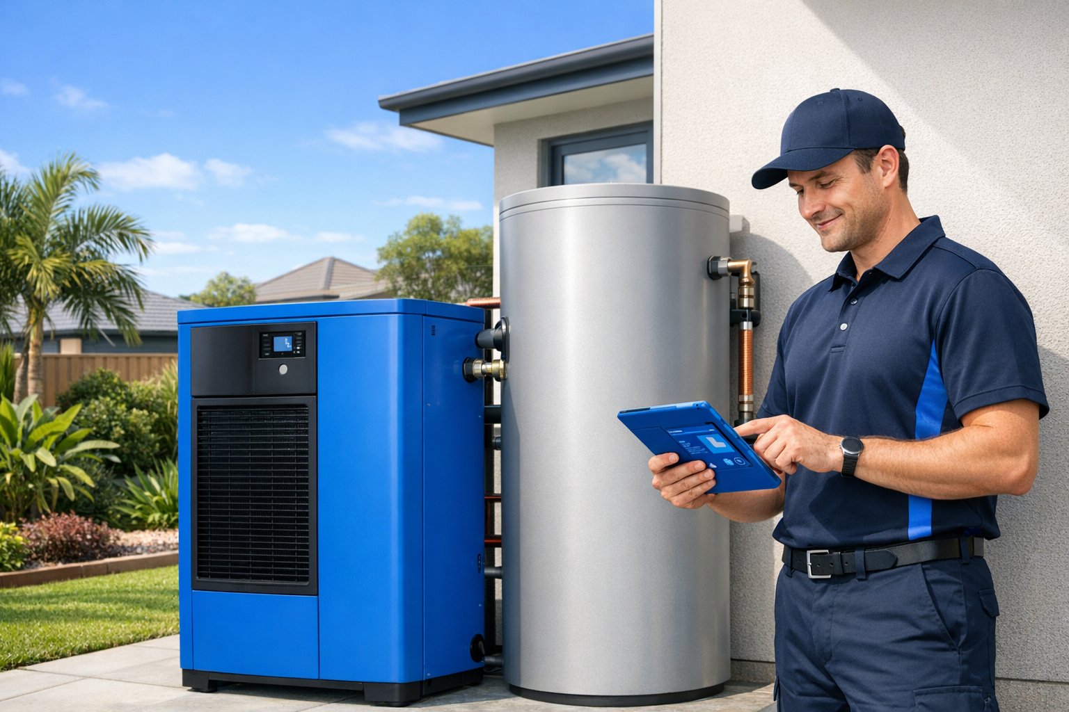 technician inspecting heat pump water system outside brisbane home
